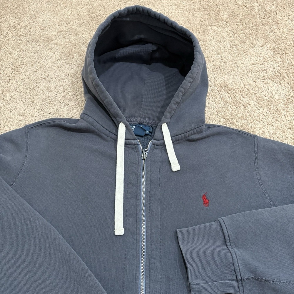 Polo Ralph Lauren Hoodie Full Zip Fleece Thermal Lined Hood Distressed Mens L